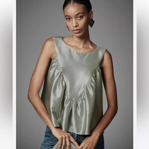 Anthropologie Blouse XL MARE Tank SHIRRED SWING Lined Mint Green Sheen NWT